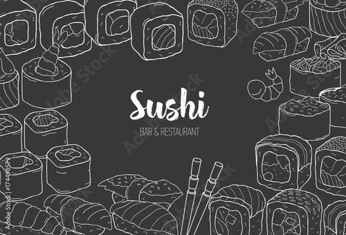 Horizontal template with contour frame consisted of various types of Japanese sushi and rolls on black background