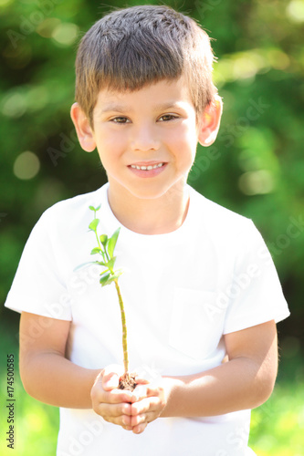 Cute boy holding green plan...