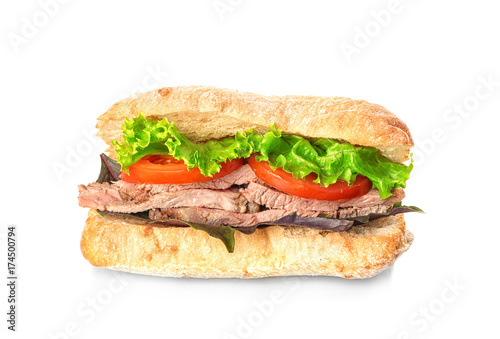 Delicious steak sandwich isolated on white