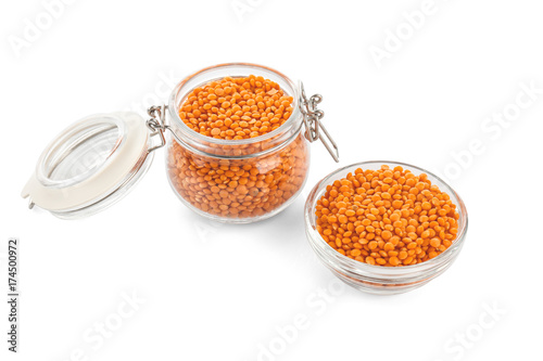 Glassware with healthy lentils, isolated on white