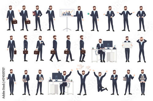 Business man, male office worker or clerk with beard dressed in smart suit in different postures, moods, situations. Flat cartoon character isolated on white background. Modern vector illustration.