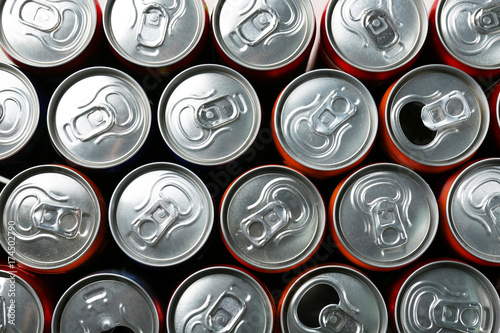 Many colorful aluminium cans  closeup