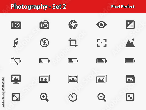 Photography Icons. Professional, pixel perfect icons optimized for both large and small resolutions. EPS 8 format.