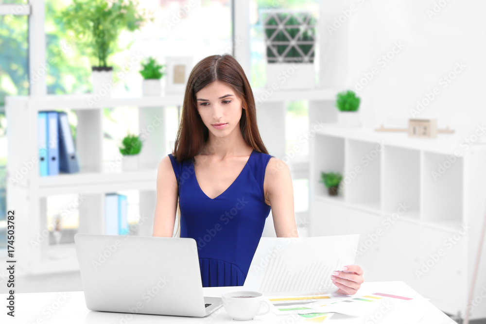 Young woman with laptop in living room Young woman with laptop in living room