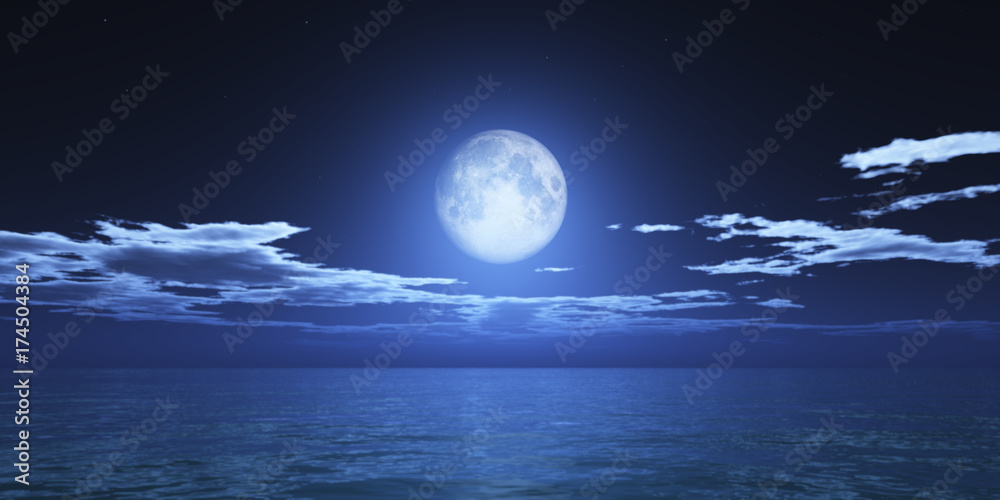 ocean full moon clouds