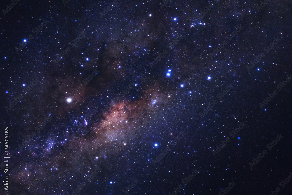 Naklejka premium Close-up of Milky way galaxy with stars and space dust in the universe, Long exposure photograph, with grain.