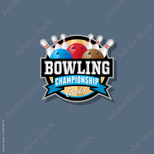 Bowling championship emblem. Bowling logo. Skittles and colorful balls in a circle with ribbons.