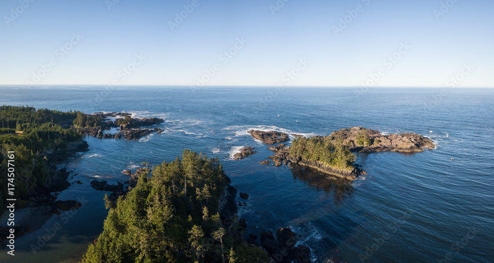 Aerial panoramic view of a beautiful rocky shore on Pacific Ocean Coast during a sunny summer day. Taken in Ucluelet, Vancouver Island, BC, Canada.
