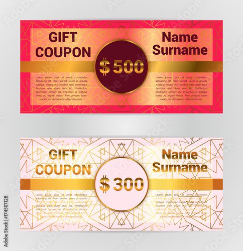Voucher template  gift coupon  discount banner  golden  metallic decoration  geometric background. Vector illustration