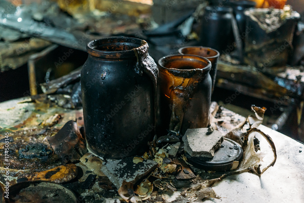 Kitchen utensils in burned by fire house, burned furniture Kitchen utensils in burned by fire house, burned furniture