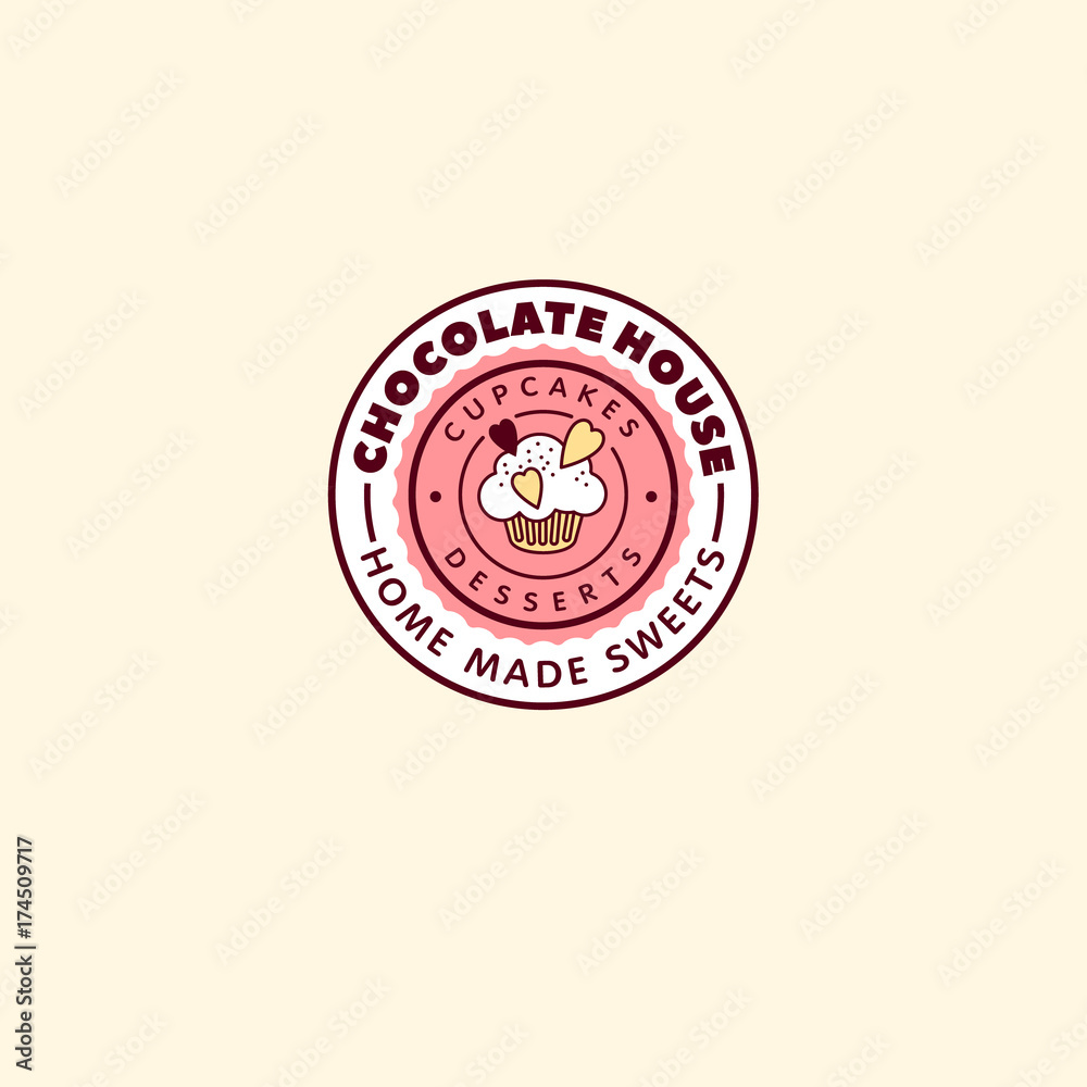 Chocolate house logo. Cupcakes and desserts emblem. Cafe label. Сupcakes letters in a circle on a light background Chocolate house logo. Cupcakes and desserts emblem. Cafe label. Сupcakes letters in a circle on a light background