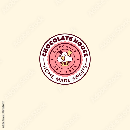 Chocolate house logo. Cupcakes and desserts emblem. Cafe label. Сupcakes letters in a circle on a light background