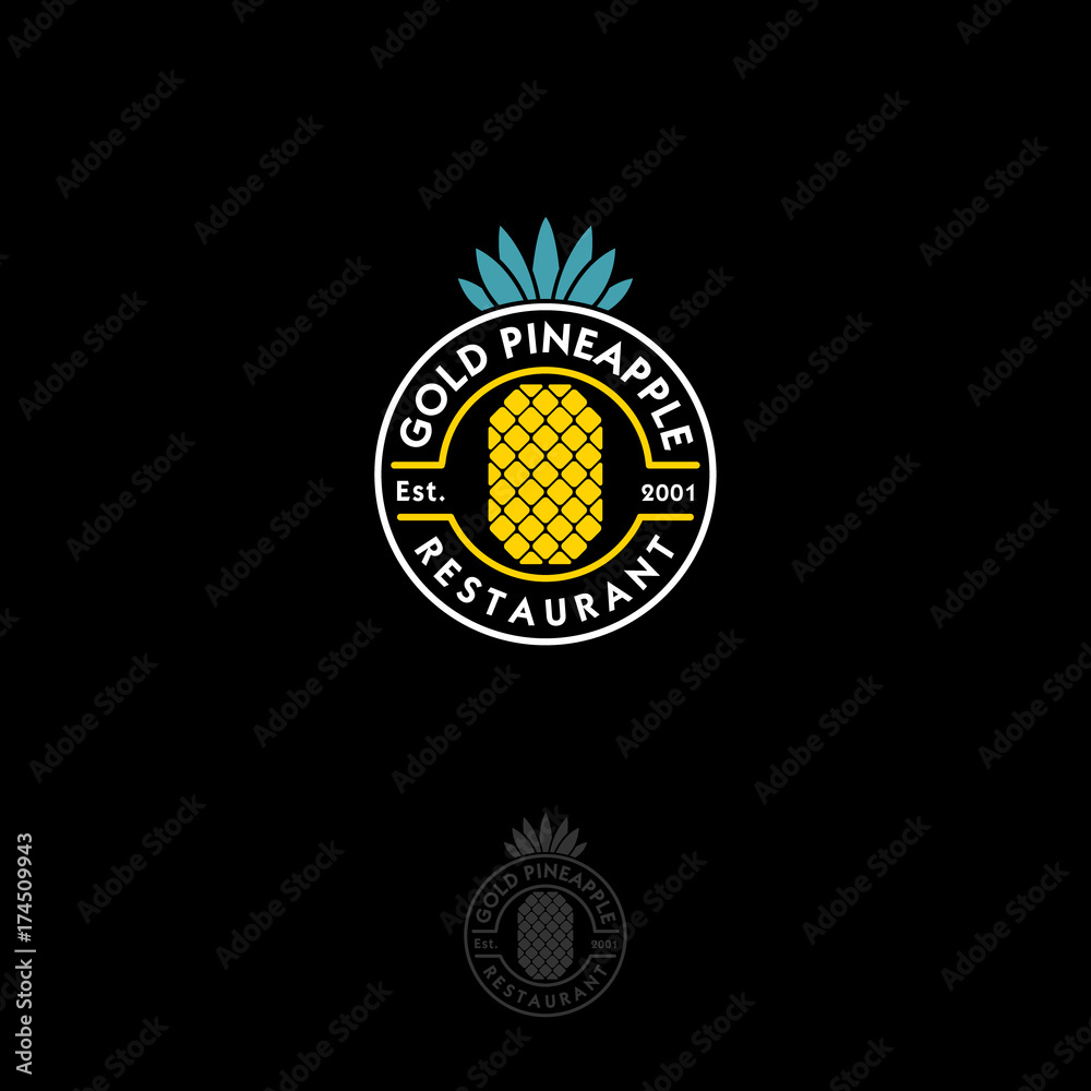 Naklejka premium Gold pineapple logo. Restaurant emblem. Pineapple with letters in a circle on a dark background. Stamp logo.