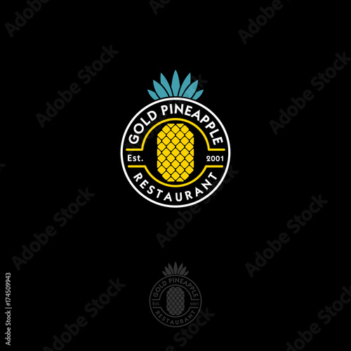 Gold pineapple logo. Restaurant emblem. Pineapple with letters in a circle on a dark background. Stamp logo.