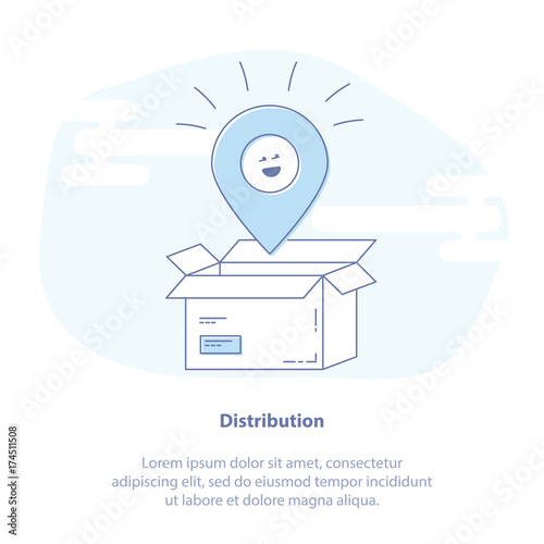 Delivery services, relocation, cargo shipment or distribution, logistics and transportation illustration concept. Opened box with map pointer icon. Flat line vector for web and mobile design.
