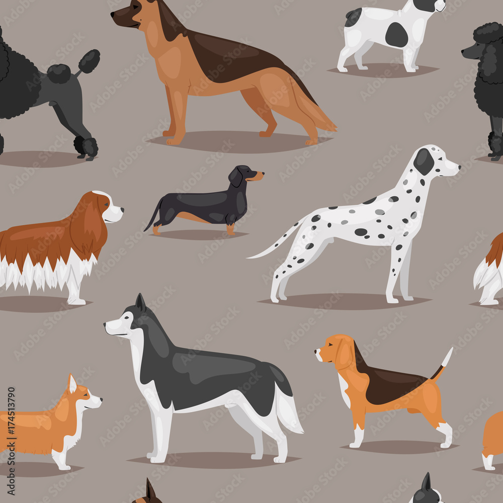 Different dogs breed cute cub puppy whelp characters seamless pattern background