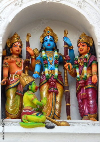 Statues of Sri rama,Sita ,Lakshman and Hanuman on the temple wall 