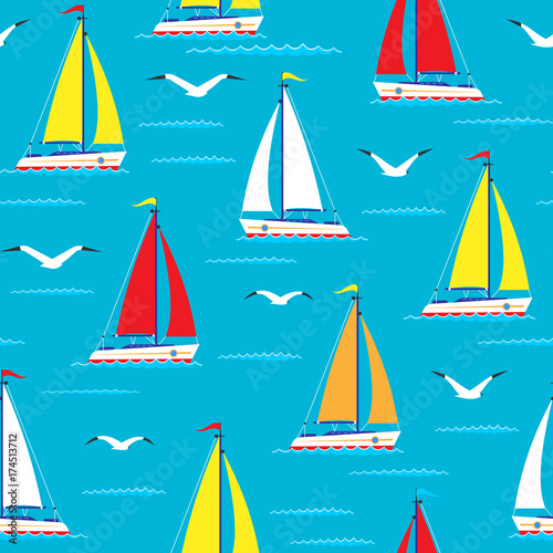 Ship sailing boat sea seamless pattern vessel travel vector sailboats marine background.