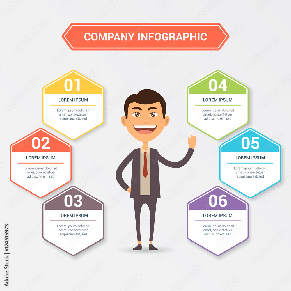 Business infographic design template with editable elements and cartoon businessman character