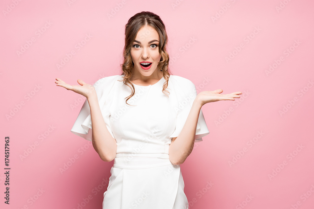 Surprised happy beautiful woman looking sideways in excitement. Surprised happy beautiful woman looking sideways in excitement.