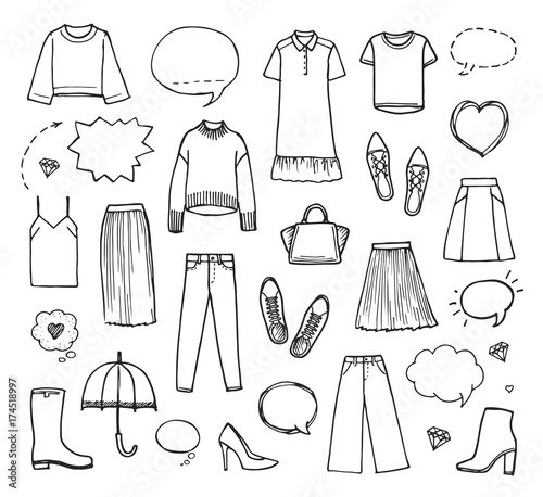 Vector illustration of hand drawn fashion collection with women's clothing on white background.