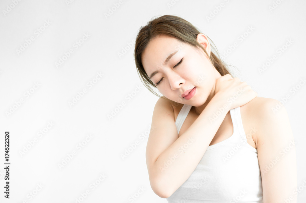 Asian beauty woman have a nape ache after wake up because office syndrome Asian beauty woman have a nape ache after wake up because office syndrome