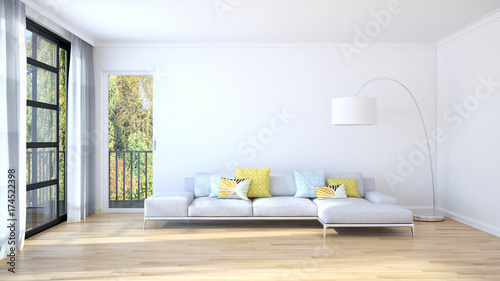 Modern bright living room  white wall. 3D rendering