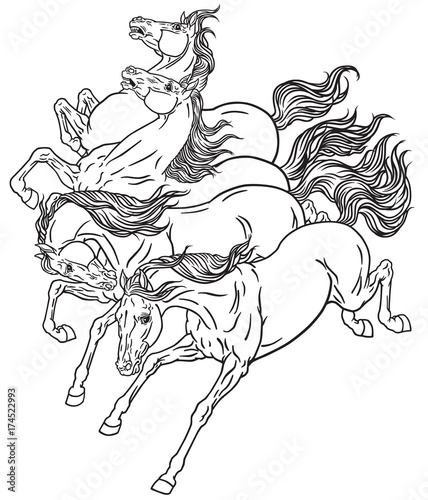 horses four running wild mustangs. Black and white tattoo vector