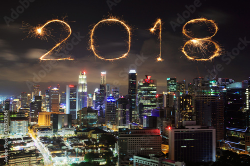 2018 Happy new year firework with Singapore cityscape at night © geargodz