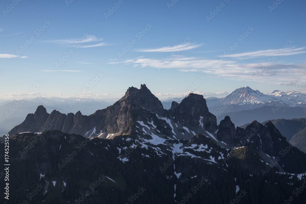 Aerial landscape view of the beautiful mountains near Squamish, North of Vancouver, British Columbia, Canada.
