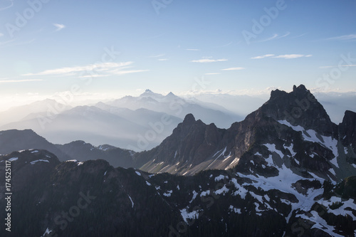 Aerial landscape view of the beautiful mountains near Squamish, North of Vancouver, British Columbia, Canada. 