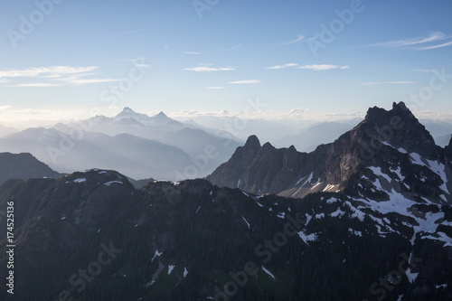 Aerial landscape view of the beautiful mountains near Squamish  North of Vancouver  British Columbia  Canada.  