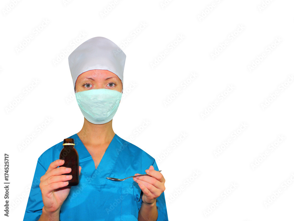 a female medicine doctor in the hand a medicine for the patient, isolated on white background under pruning a female medicine doctor in the hand a medicine for the patient, isolated on white background under pruning