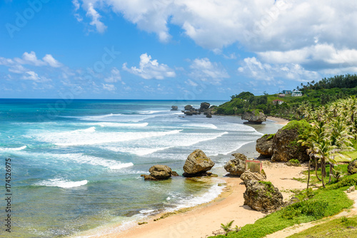 Rock formation on the beach of Bathsheba, East coast of  island Barbados, Caribbean Islands - travel destination for vacation photo