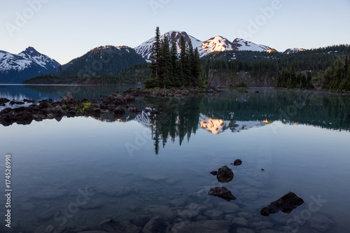 Beautiful morning view on a famous hiking spot, Garibaldi Lake, during a vibrant summer sunrise. Located near Squamish and Whistler, North of Vancouver, BC, Canada. 