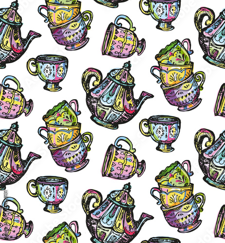 Hand drawn tea time collection. Cup and teapot. Vector illustration.