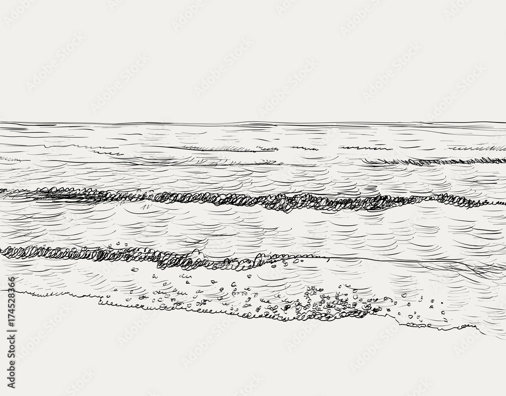 Fototapeta premium Letni szkic wektor lato. Widok na morze i plażę