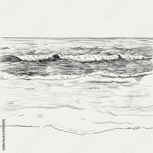 Vector summer seascape sketch. Seaside view and beach
