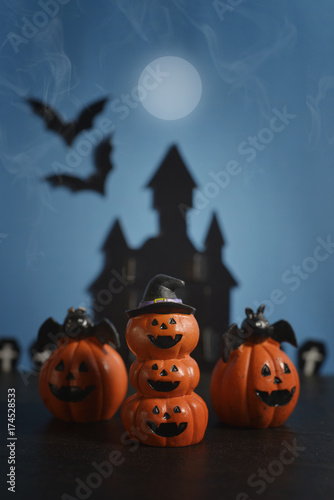 Halloween pumpkins jack-o-lantern on dark blue background. Halloween pumpkin background. Halloween. jack-o-lantern. Halloween jack-o-lantern. Happy Halloween.