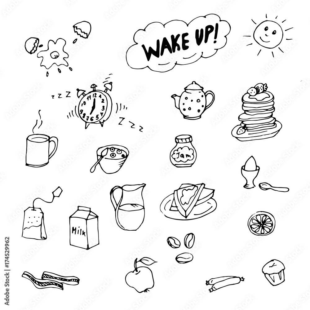 Doodle good morning, milk, tea, eggs, pancakes, tea