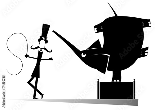 Cartoon tamer and elephant in the circus black original art silhouettes. Tamer and elephant in the circus black on white illustration isolated
