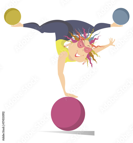 Smiling young woman do exercises with the balls isolated. Funny young woman one hand standing on the ball and holds others on the on the legs
