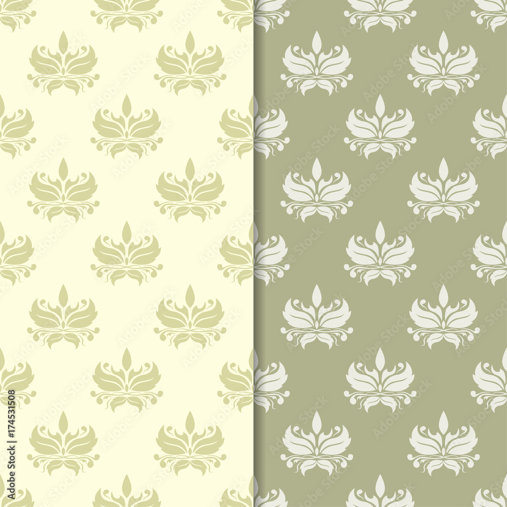 Fototapeta premium Olive green and beige floral backgrounds. Set of seamless patterns