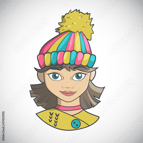 Cartoon of cute girl in warm hat with bubo