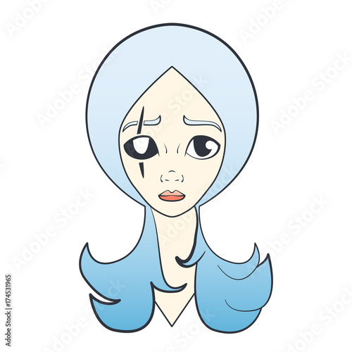 Cartoon of sad girl with scar and white eye and blue hair