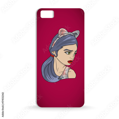 mobile phone case design with Cartoon of a girl with ponytail and colorful cat ears