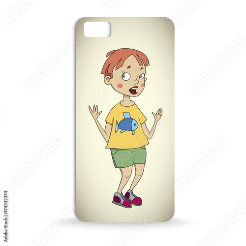 mobile phone case design with Cartoon of a boy showing something with his hands, with fish on his t-shirt