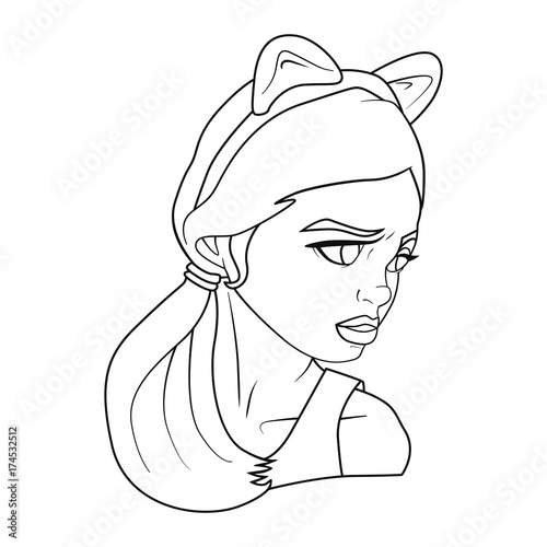 Coloring book with Cartoon of a girl with ponytail and cat ears