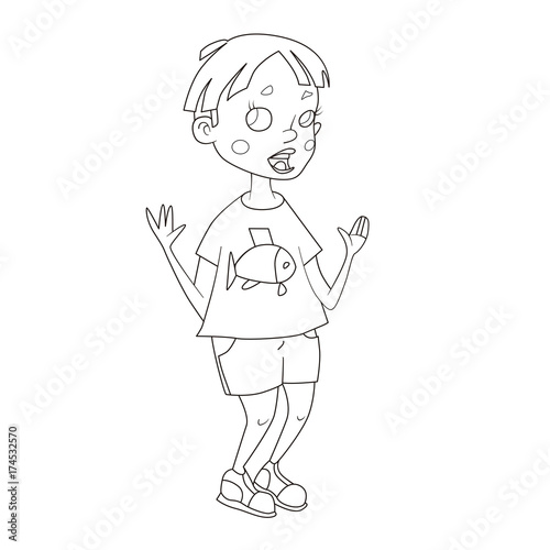 Coloring book with Cartoon of a boy showing something with his hands, with fish on his t-shirt
