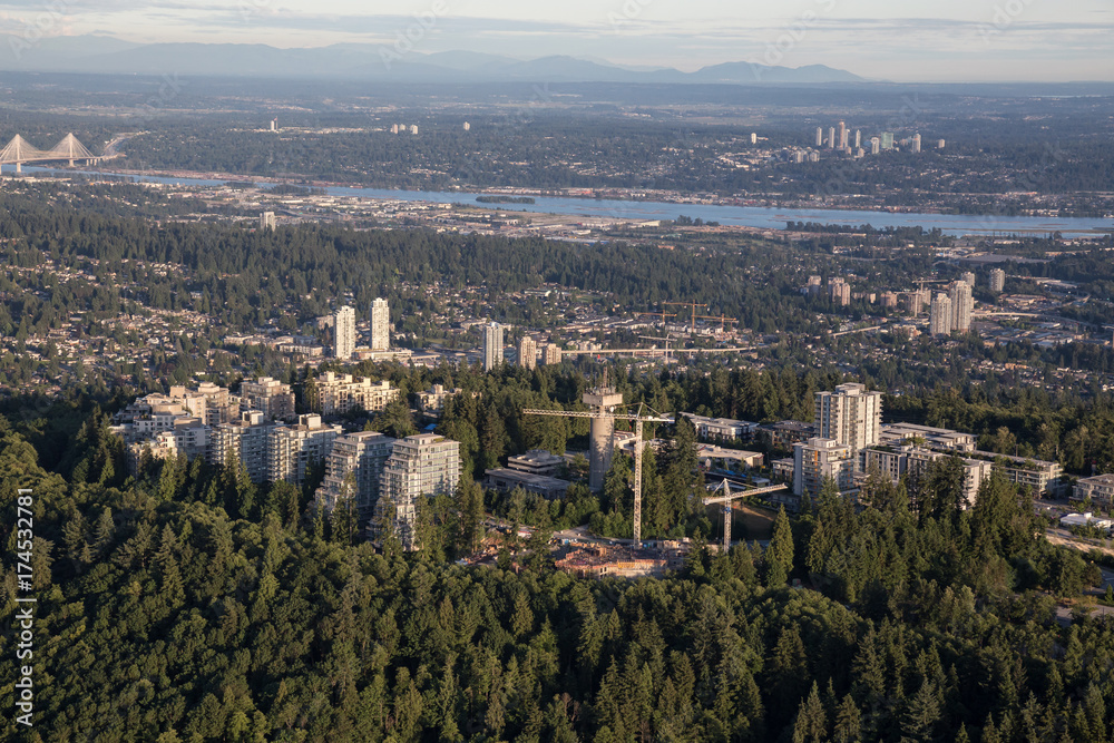 Aerial view of SFU on top of Burnaby Mountain, Vancouver, British Columbia, Canada.